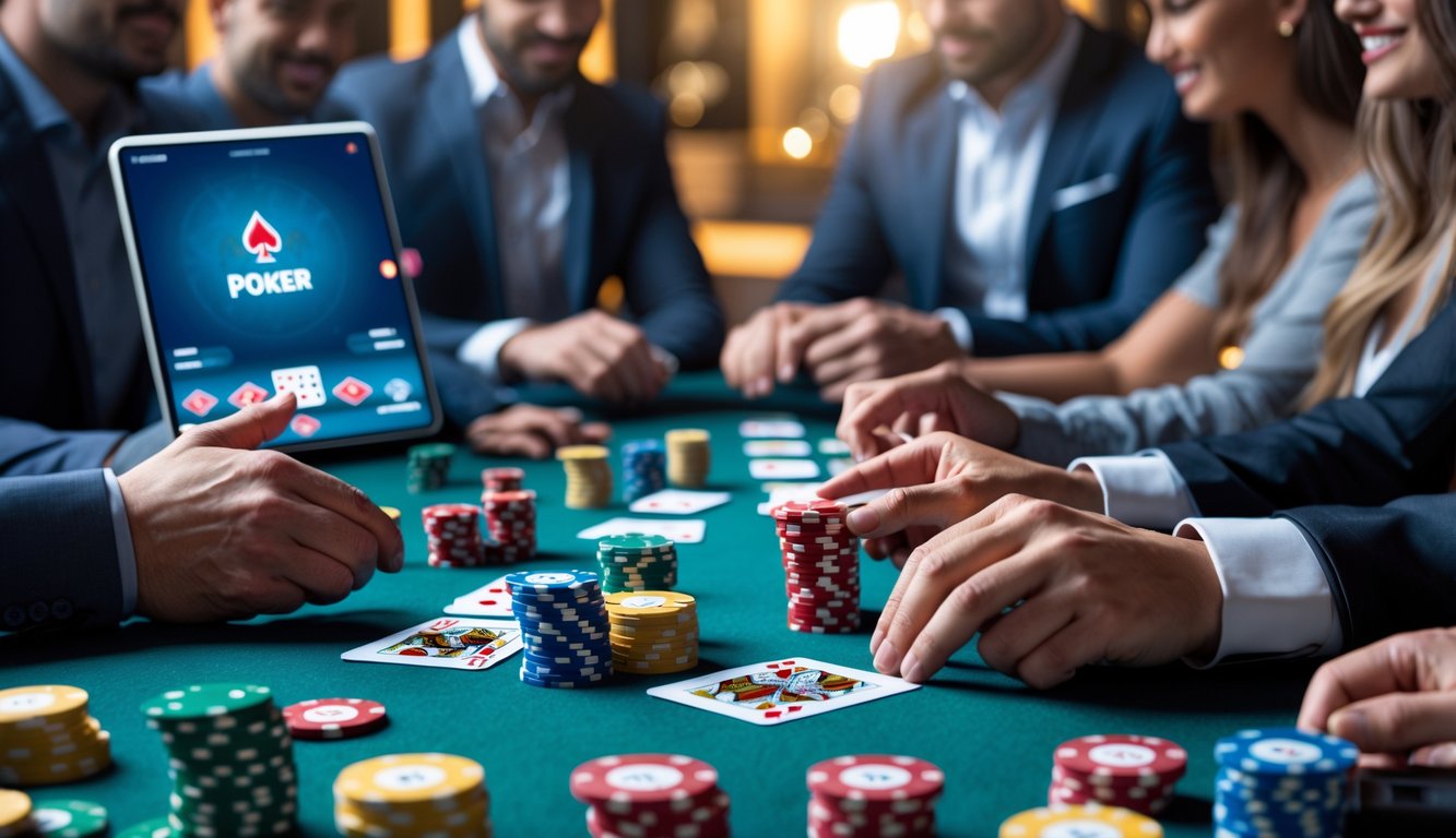 Meja poker modern dengan chip dan kartu yang tertata rapi, serta orang-orang yang bermain poker bersama dalam suasana yang percaya dan profesional.