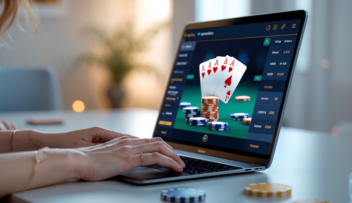 Seseorang sedang bermain poker online menggunakan laptop di ruangan yang nyaman.