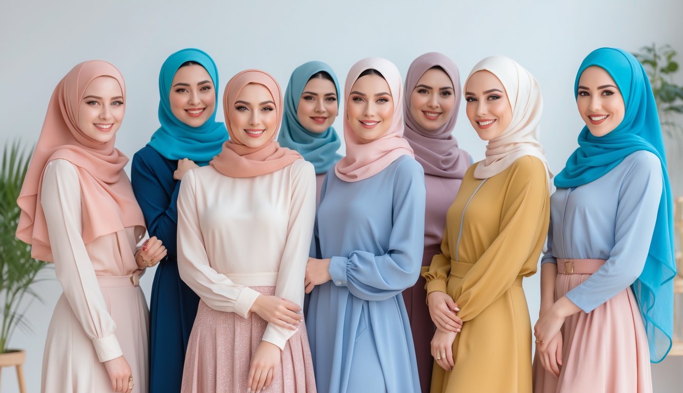 Sekelompok wanita mengenakan berbagai outfit hijab modis sedang berpose bersama di studio dengan latar belakang sederhana.
