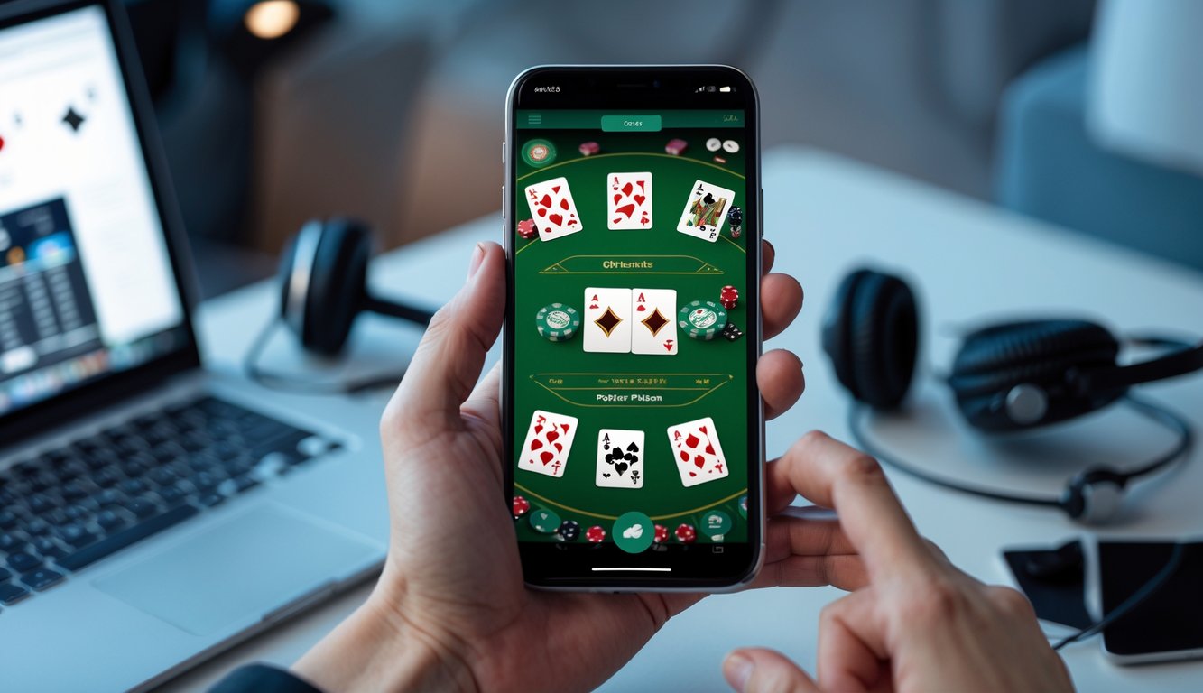 Seseorang memegang ponsel yang menampilkan permainan poker online di layar.