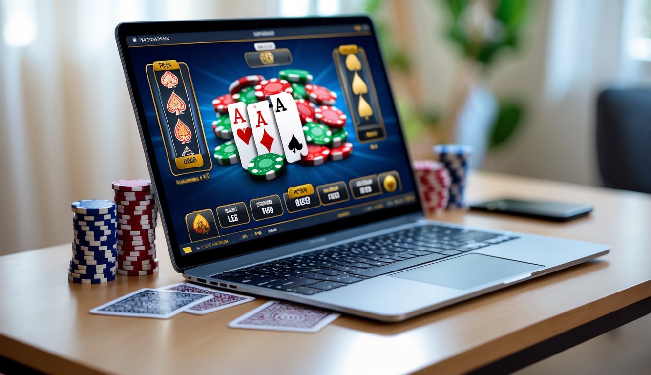 Seorang pemain sedang bermain poker online di laptop dengan kartu dan chip poker di meja.