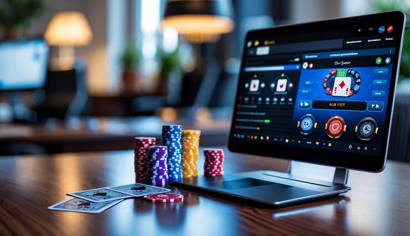 Sebuah meja dengan laptop yang menampilkan permainan poker online, kartu remi dan chip poker tertata rapi di atas meja kayu.