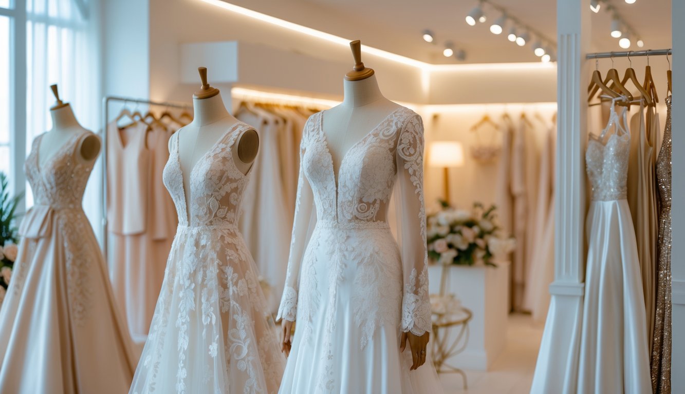 Sekumpulan pakaian pernikahan elegan dipajang di dalam butik dengan pencahayaan hangat.