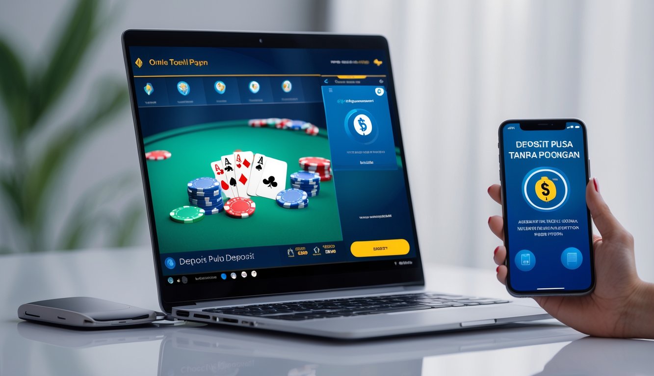 Seseorang menggunakan ponsel untuk melakukan deposit pulsa tanpa potongan saat bermain poker online di laptop.
