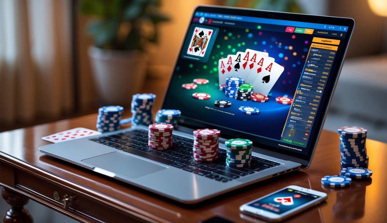 Sebuah meja dengan komputer menampilkan permainan poker online, dikelilingi oleh kartu remi dan chip poker, di ruang kerja yang nyaman.