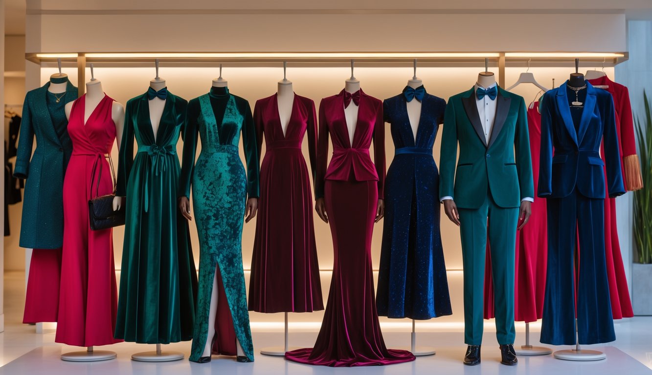 Beberapa pakaian pesta malam yang elegan dipajang di sebuah butik dengan pencahayaan hangat.