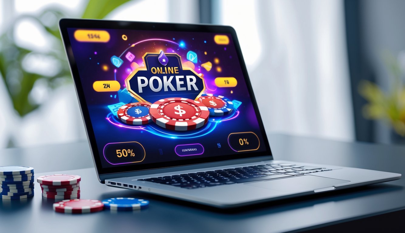 Sebuah laptop di meja dengan layar menampilkan permainan poker online dan chip poker, menggambarkan suasana bermain poker online untuk anggota baru.