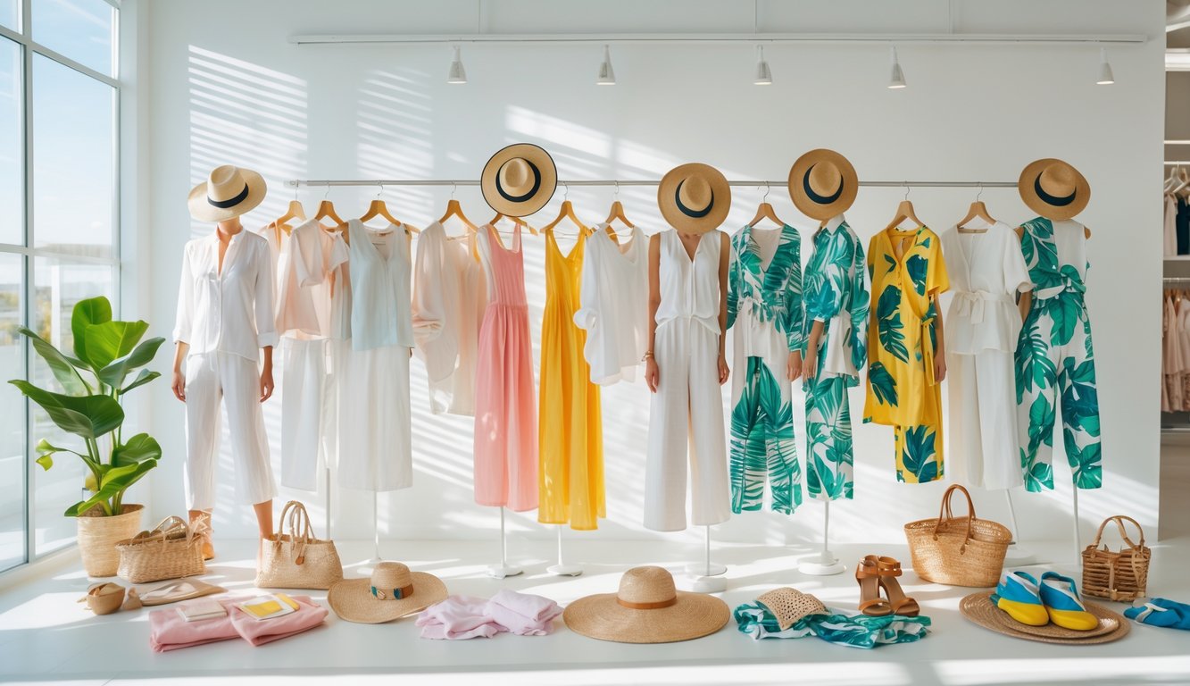 Koleksi pakaian musim panas berwarna-warni dipajang di butik dengan pencahayaan alami.