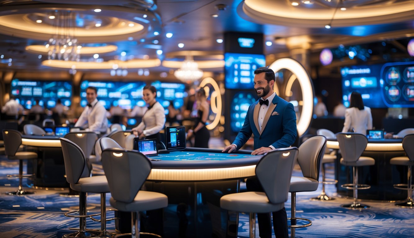 Suasana kasino langsung modern dengan dealer yang sedang bermain di meja permainan dan layar digital di latar belakang.