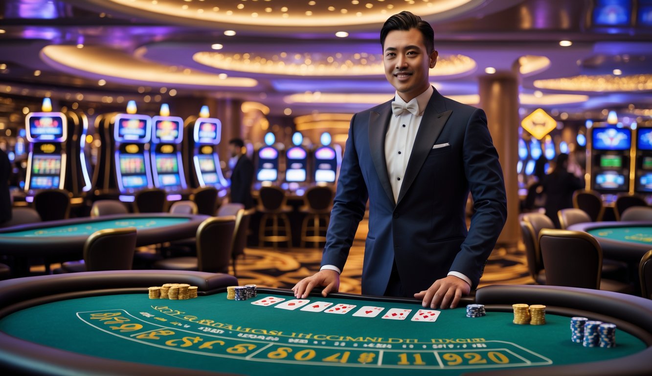 Seorang dealer berdiri di belakang meja permainan kasino dengan kartu dan chip, dikelilingi oleh mesin slot dan layar digital dalam suasana kasino yang mewah dan ramai.