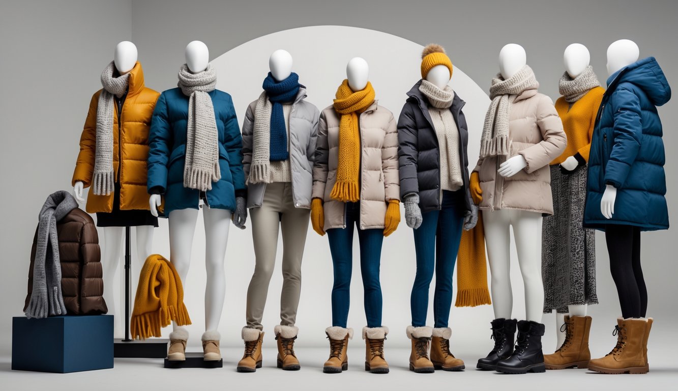 Beberapa model dan manekin mengenakan berbagai pakaian musim dingin seperti mantel wol, jaket tebal, syal rajut, topi, sarung tangan, dan sepatu bot dalam sebuah studio.