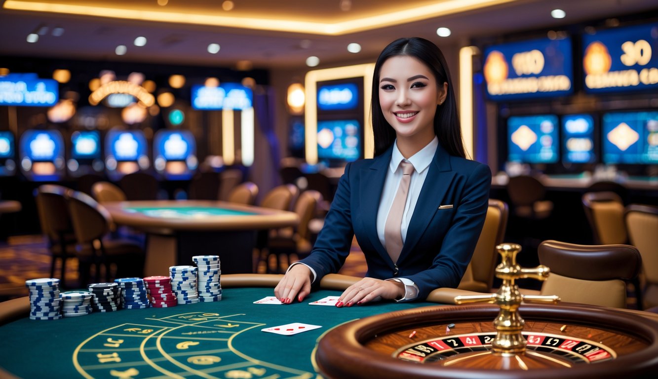 Seorang dealer wanita tersenyum di meja kasino dengan kartu, chip poker, dan roda roulette di latar belakang kasino modern.