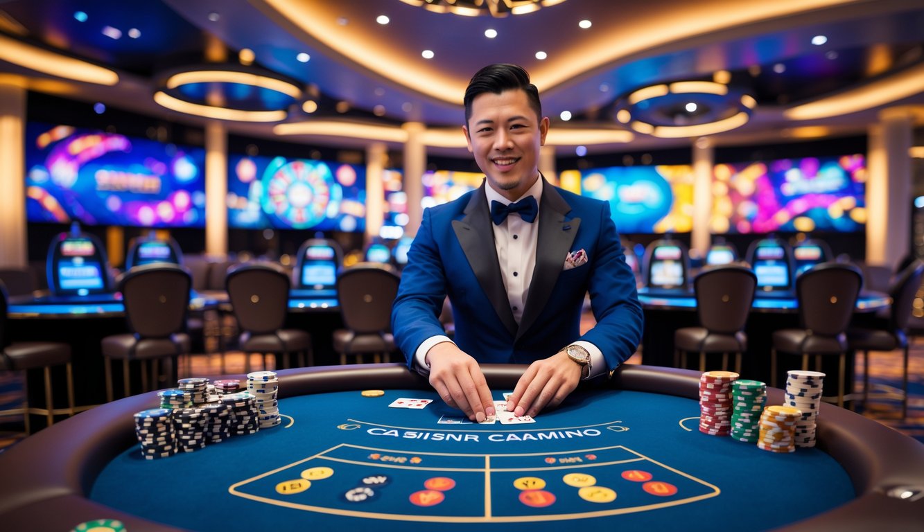 Seorang dealer kasino profesional sedang membagikan kartu di meja permainan dengan layar besar menampilkan grafik permainan kasino di latar belakang.