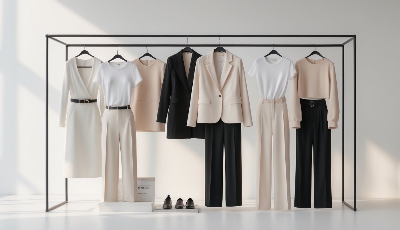 Beberapa pakaian minimalis ditampilkan di studio dengan latar belakang polos.