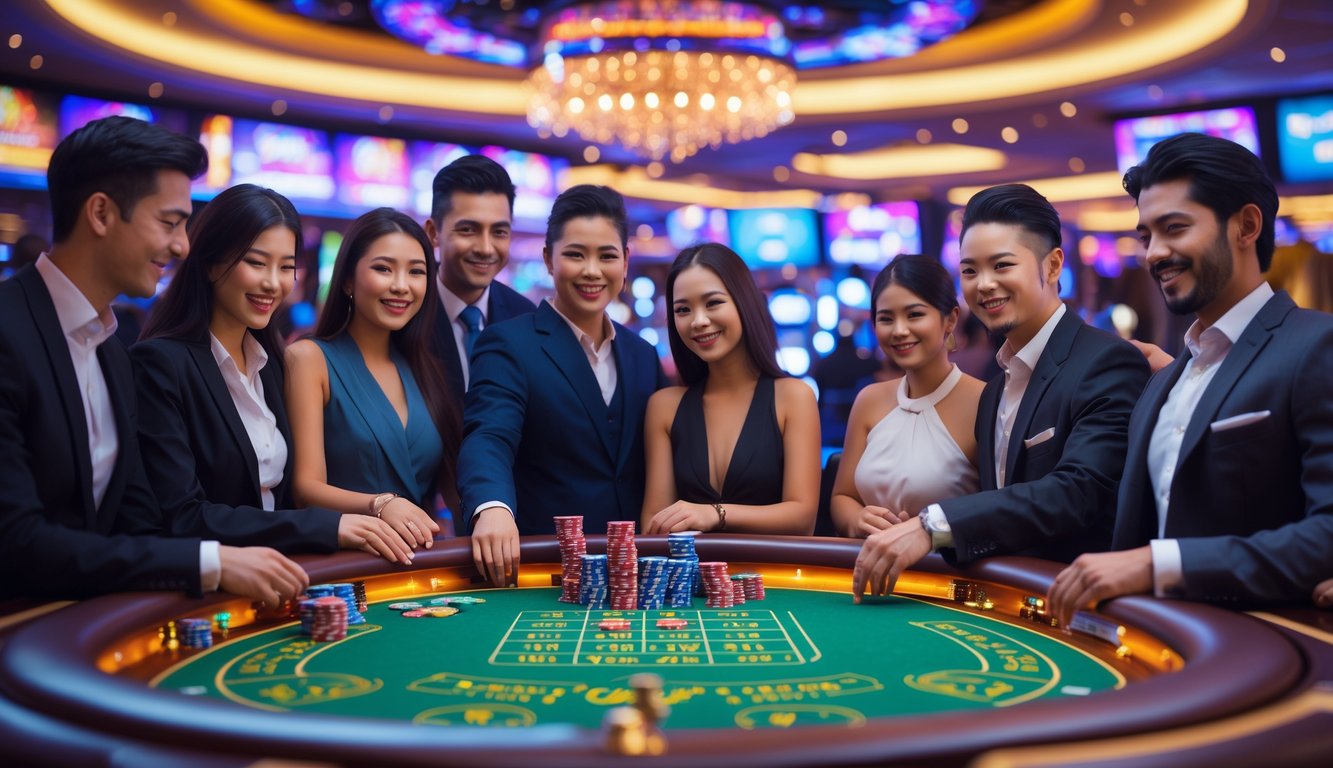 Sejumlah orang berpakaian rapi sedang bermain di meja kasino dengan dealer yang tersenyum di lingkungan kasino yang cerah dan ramai.
