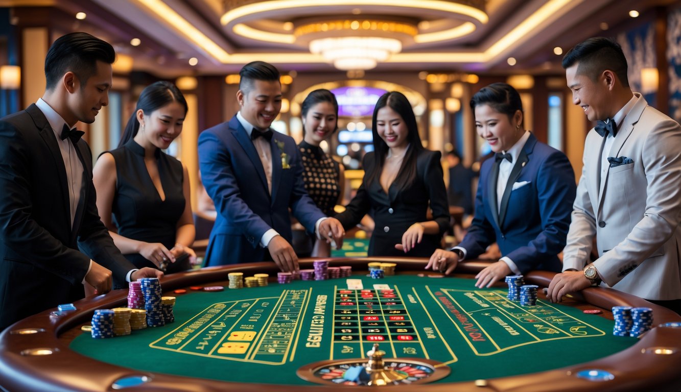 Orang-orang bermain di meja kasino langsung dengan latar belakang interior kasino yang elegan di Indonesia.