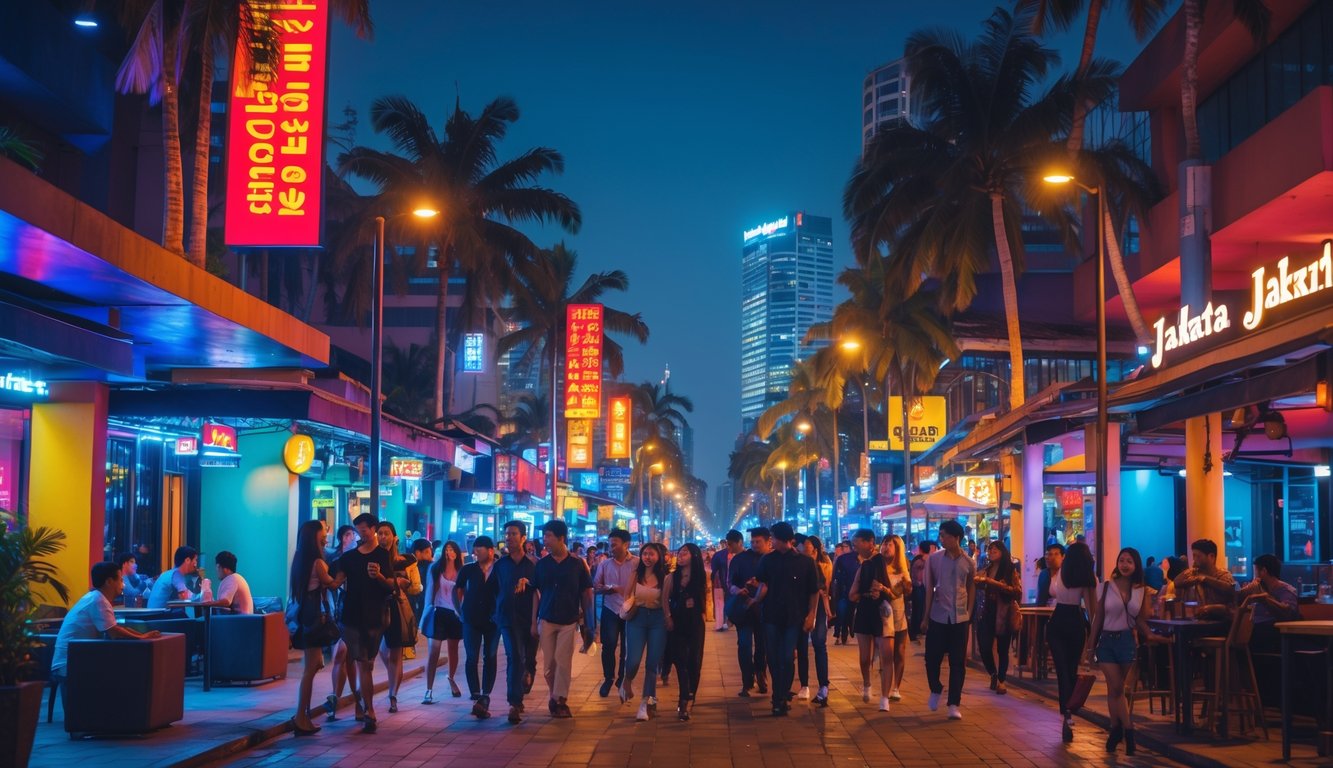 Suasana malam yang ramai di tempat hiburan malam Jakarta dengan orang-orang yang sedang bersosialisasi di jalan yang dipenuhi lampu neon dan gedung tinggi.
