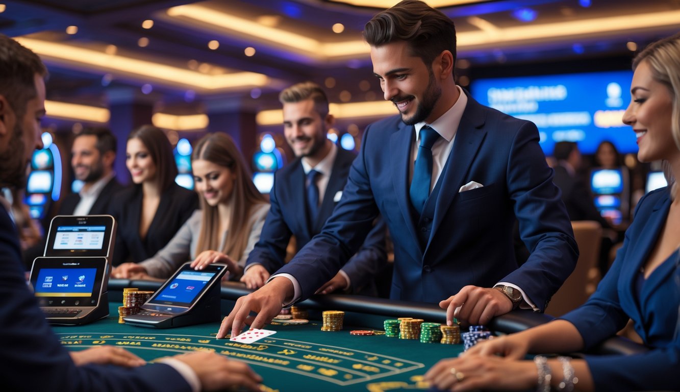 Suasana kasino langsung dengan dealer dan pemain di meja blackjack, menampilkan proses pembayaran cepat.