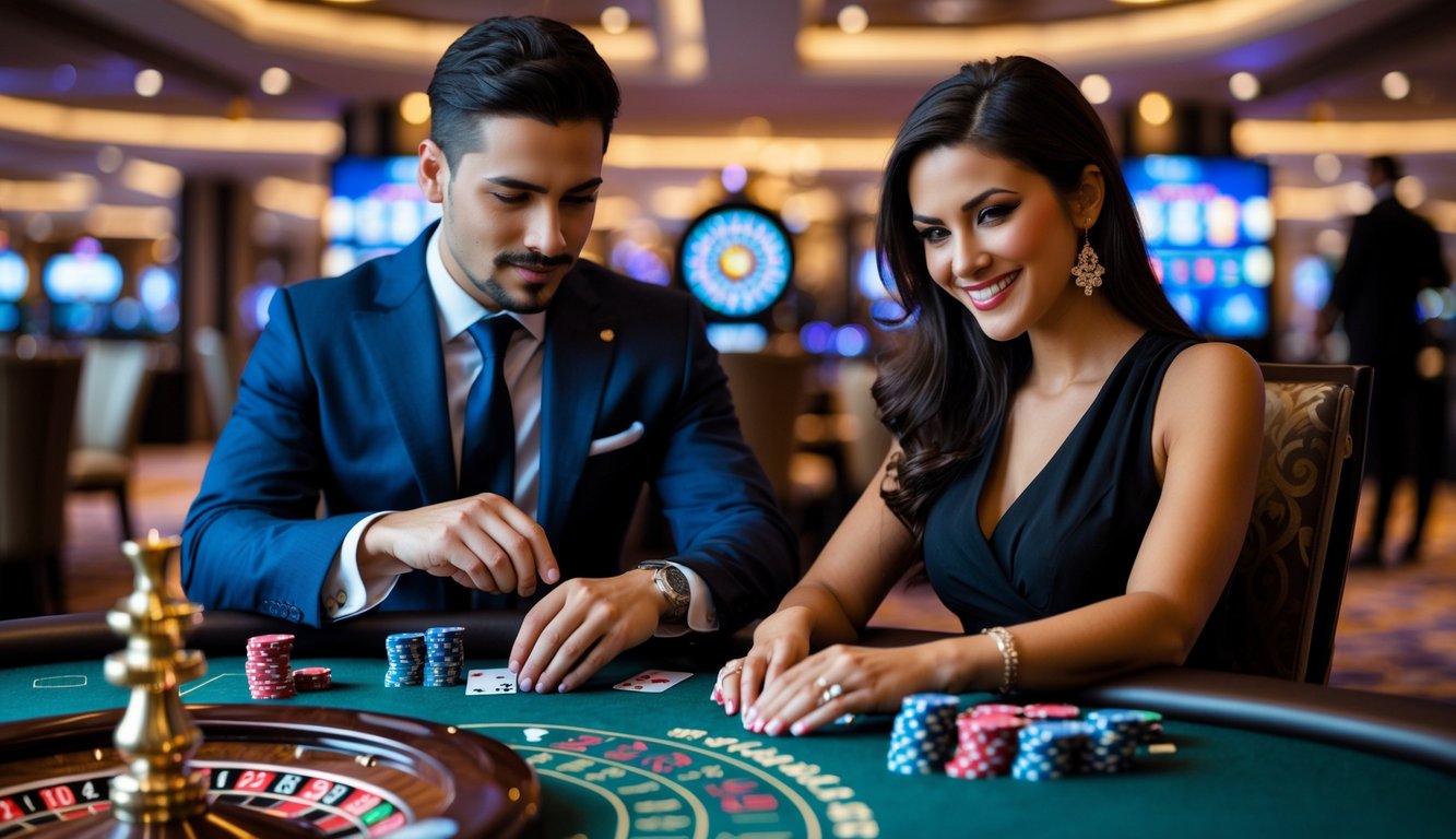 Seorang pria dan wanita duduk di meja kasino langsung dengan kartu dan chip poker, terlihat fokus dan percaya diri dalam suasana kasino mewah.