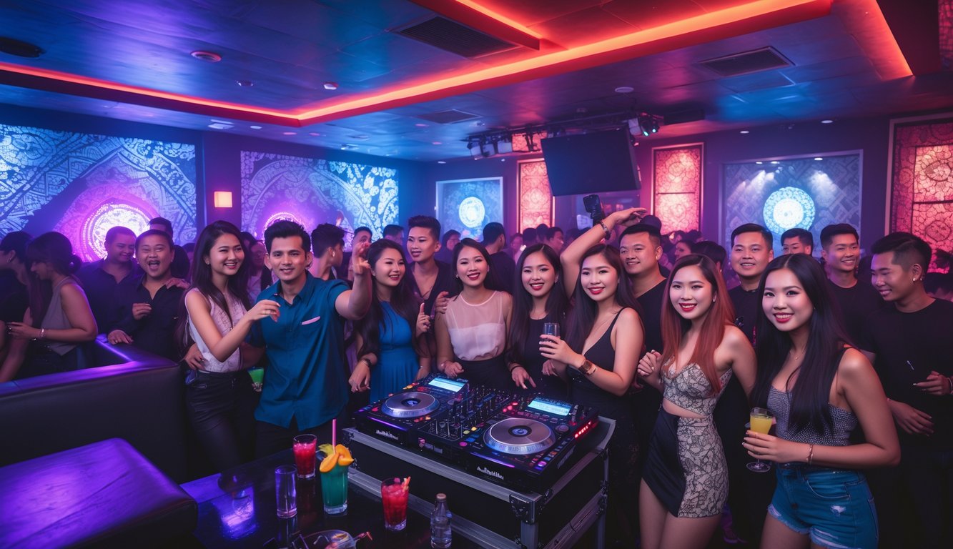 Orang-orang sedang menari dan bersosialisasi di dalam klub malam yang ramai dengan pencahayaan warna-warni dan suasana meriah.