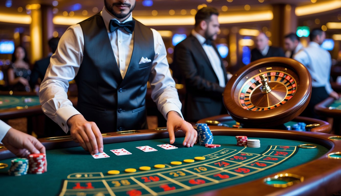 Suasana kasino langsung dengan meja baccarat dan roulette, dealer membagikan kartu dan pemain memasang taruhan.