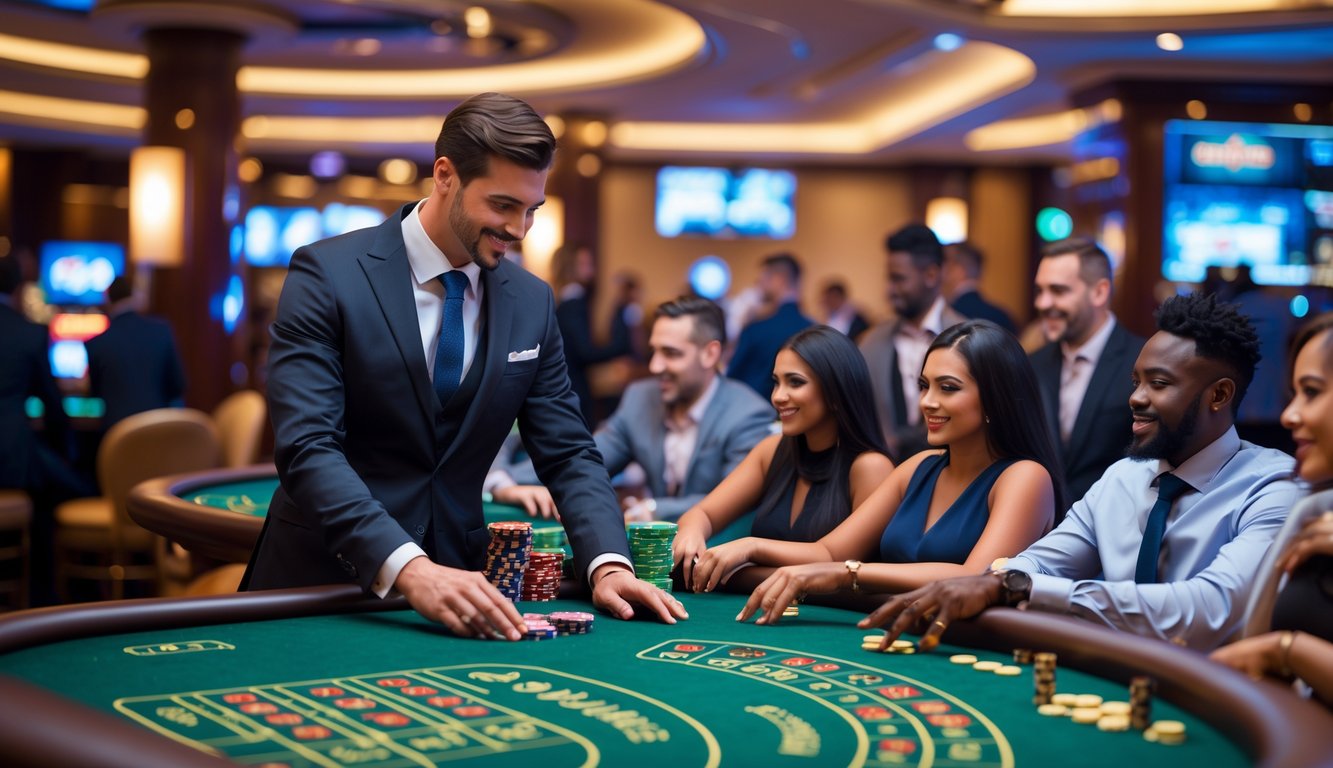 Seorang dealer dan beberapa pemain sedang bermain di meja kasino langsung dengan suasana mewah dan pencahayaan hangat.