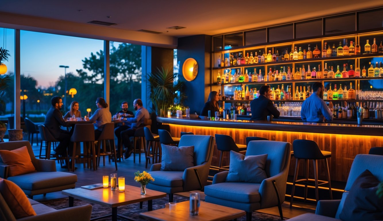 Interior bar dan lounge populer dengan meja bar, kursi nyaman, dan orang-orang yang bersosialisasi.