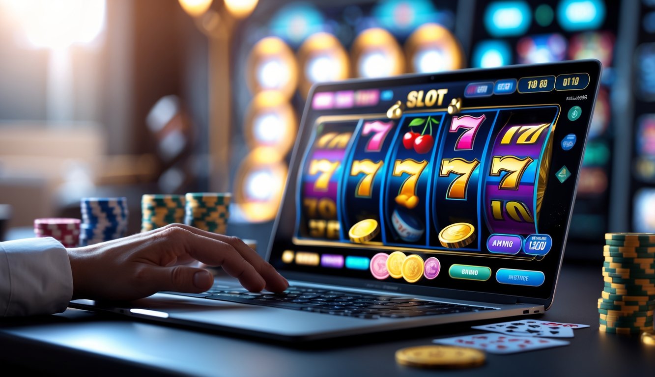 Seorang pengguna sedang bermain permainan slot online di komputer dengan layar menampilkan grafik mesin slot berwarna-warni.
