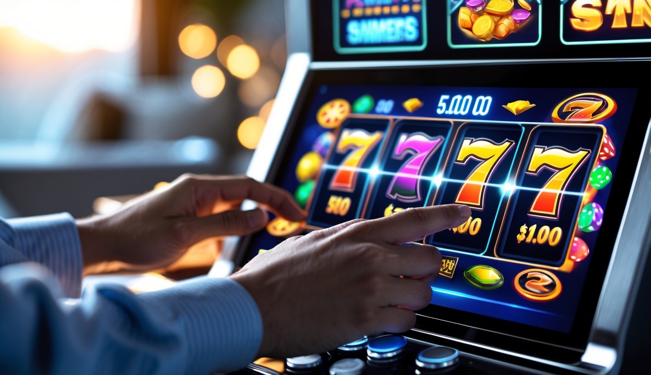 Seseorang menggunakan layar sentuh untuk bermain mesin slot digital dengan latar belakang ruangan yang nyaman.