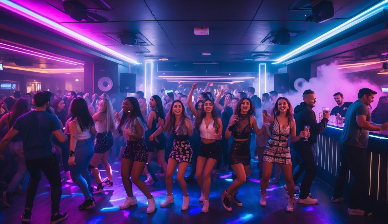 Orang-orang muda sedang menari dan bersenang-senang di dalam diskotik yang penuh warna pada malam Sabtu.