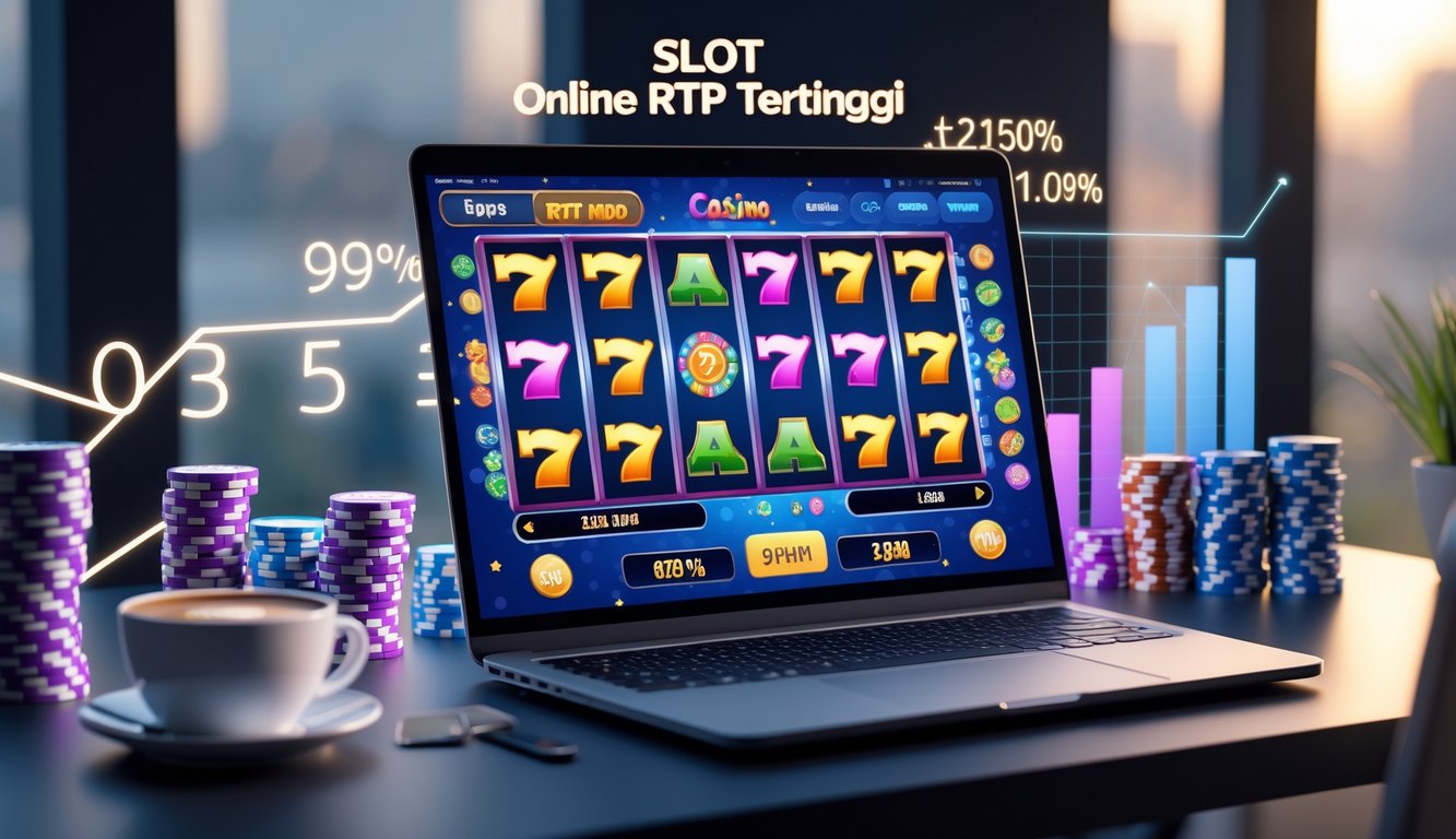Seorang pengguna duduk di depan laptop dengan permainan slot online berwarna-warni di layar, dikelilingi oleh tumpukan chip kasino dan grafik digital yang menunjukkan tren kemenangan.