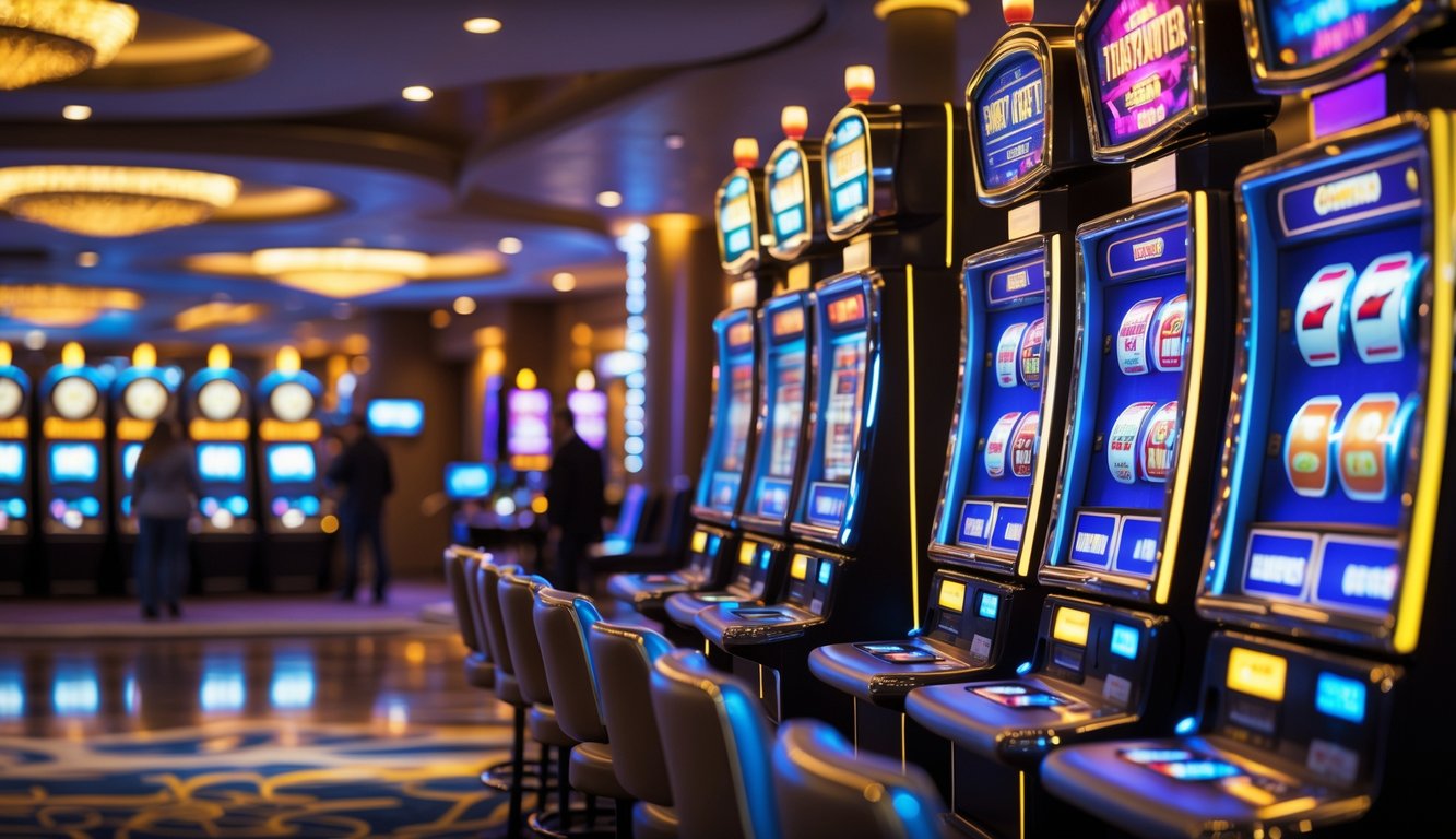 Suasana kasino modern dengan deretan mesin slot yang menyala dan beberapa orang bermain di latar belakang.