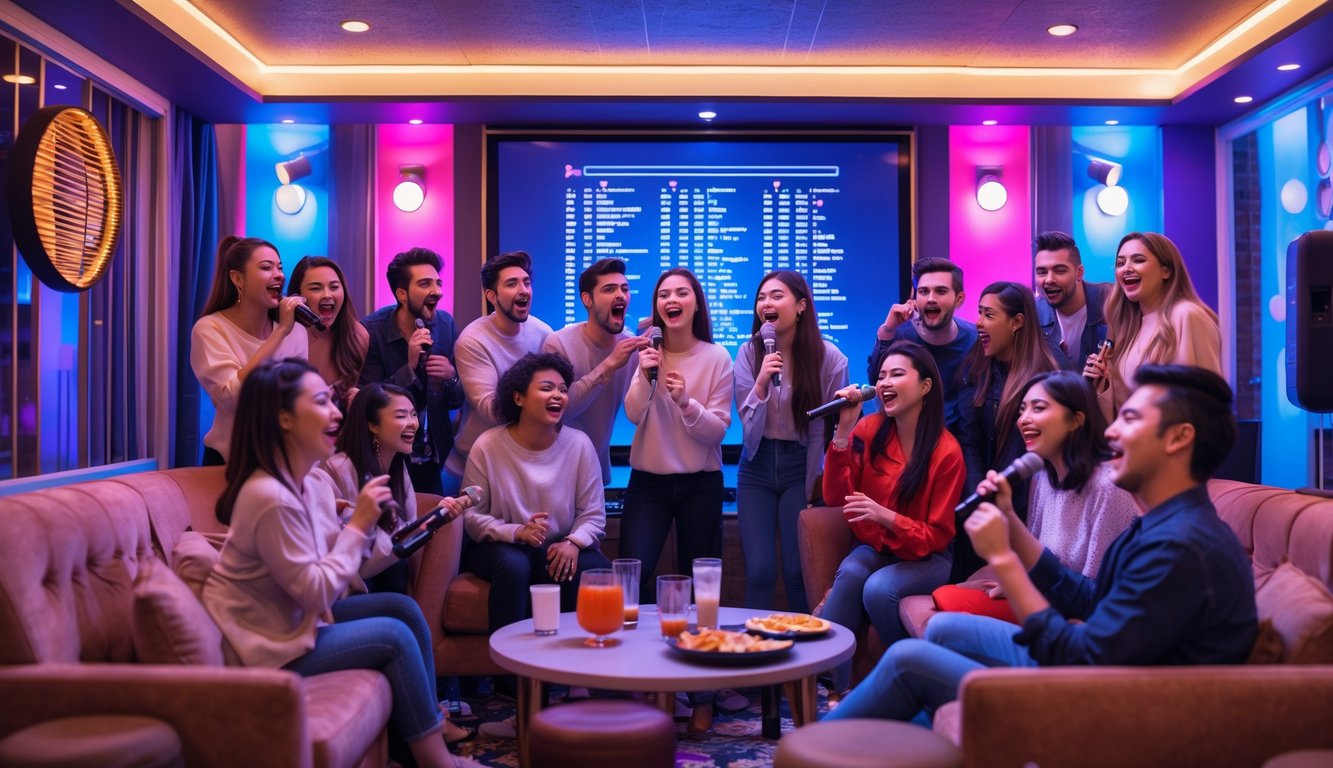 Sekelompok orang muda sedang bernyanyi dan bersenang-senang di ruang karaoke yang cerah dan berwarna-warni.