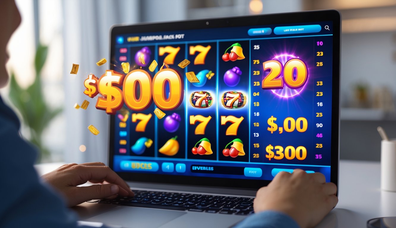 Seseorang menggunakan komputer dengan layar menampilkan permainan slot online yang menunjukkan kemenangan jackpot besar.