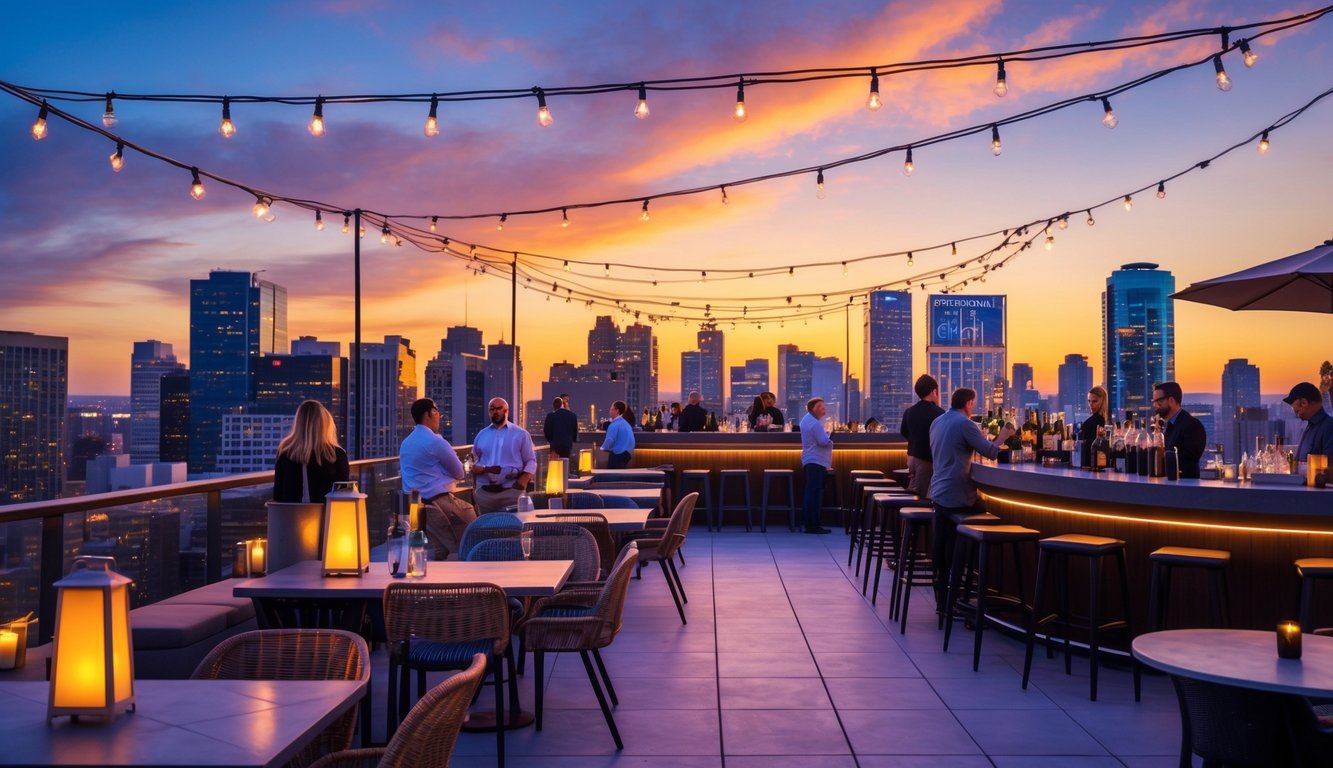 Bar atap dengan pemandangan kota di latar belakang saat matahari terbenam, orang-orang duduk dan menikmati suasana.