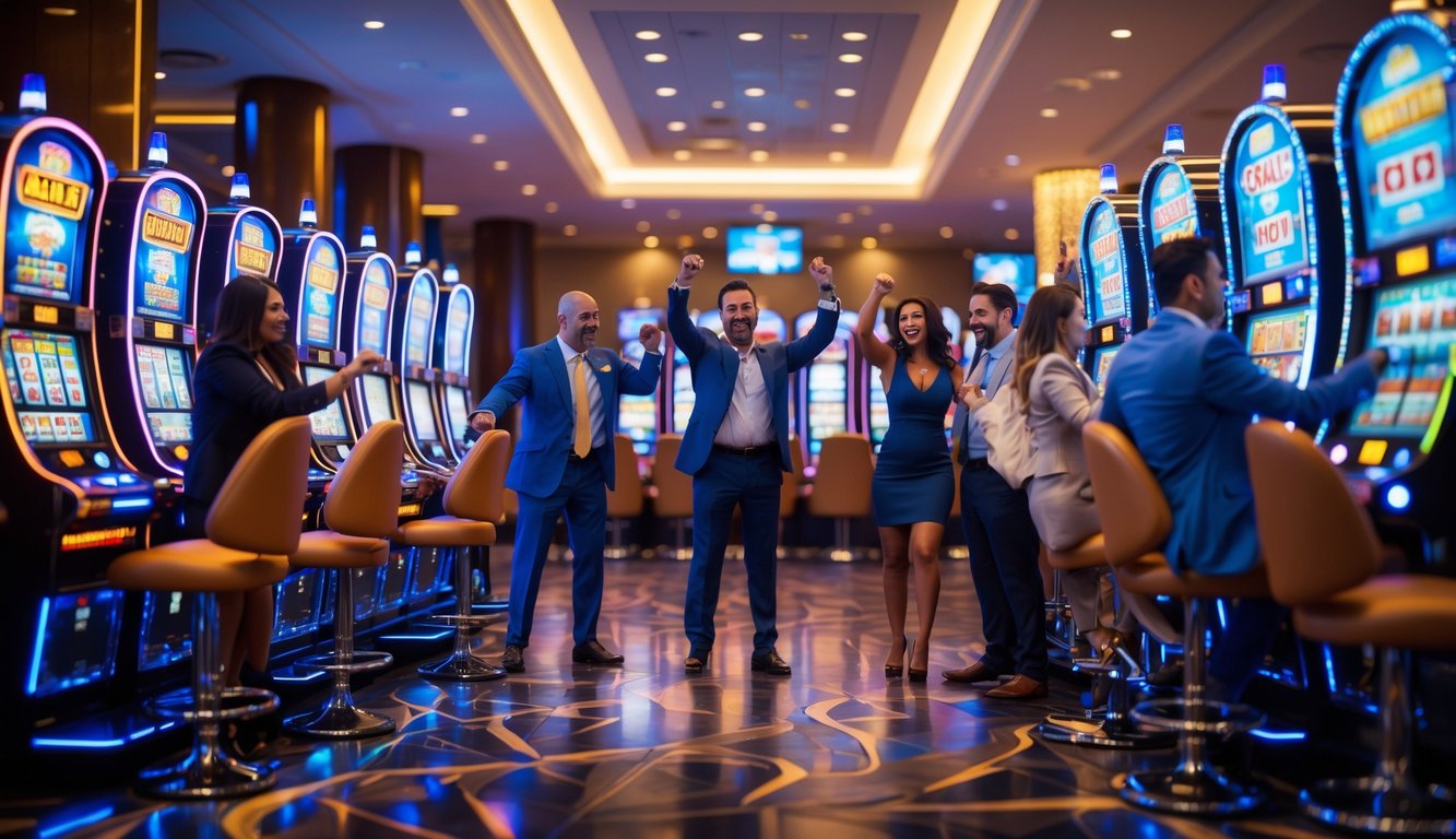 Orang-orang bermain mesin slot berwarna-warni di dalam kasino yang terang dan modern.