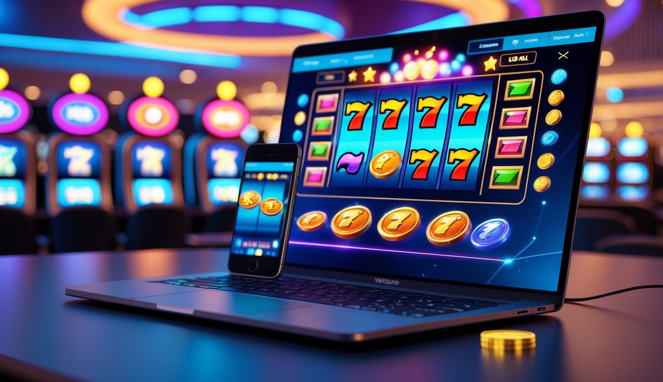 Layar laptop dan ponsel menampilkan permainan slot digital dengan latar belakang suasana kasino modern yang terang dan futuristik.