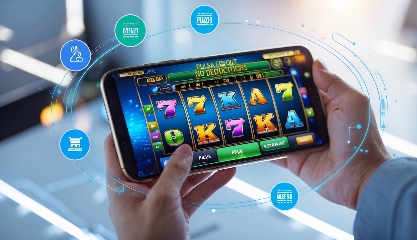 Seseorang memegang ponsel yang menampilkan permainan slot online dengan ikon pulsa dan simbol transfer uang di latar belakang yang bersih dan modern.