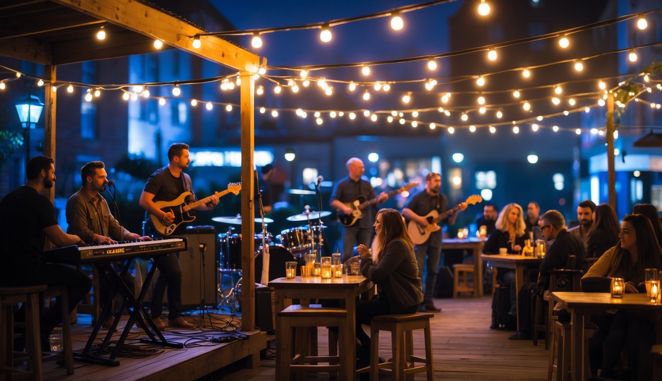 Suasana tempat live music malam hari dengan panggung kecil dan penonton menikmati pertunjukan musik di luar ruangan.