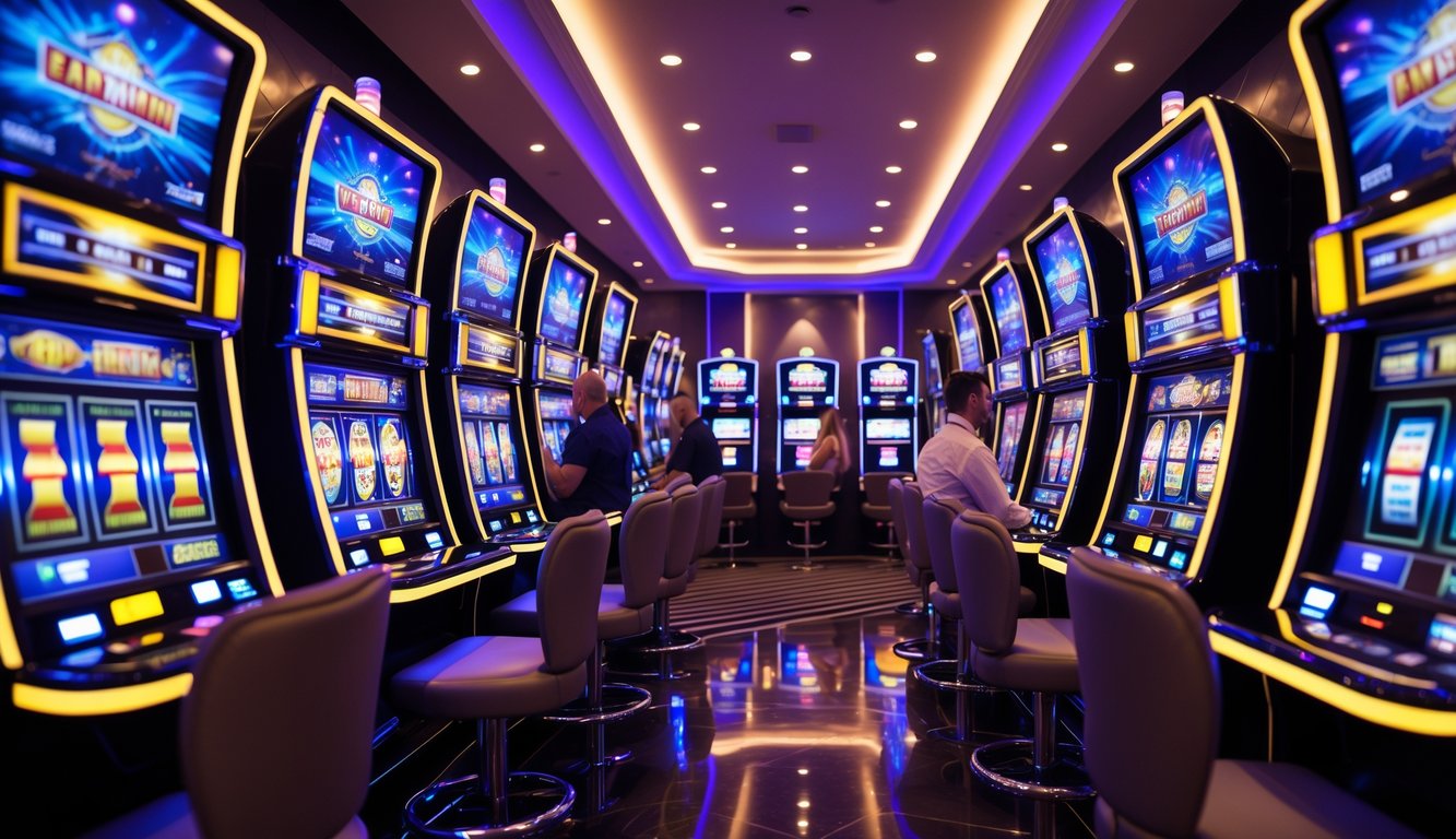 Area mesin slot modern dengan beberapa mesin slot berwarna cerah dan orang-orang yang sedang bermain.