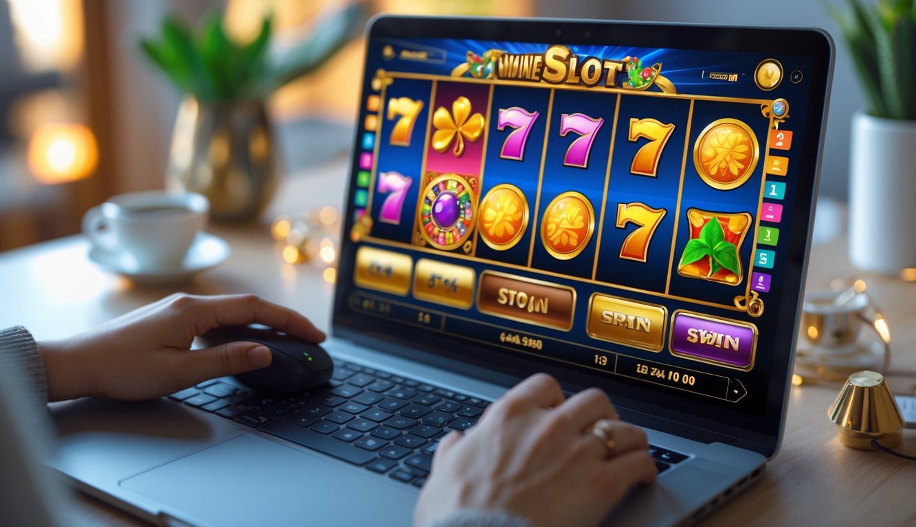 Seorang pengguna bermain permainan slot online di laptop dengan latar belakang ruang kerja yang nyaman.