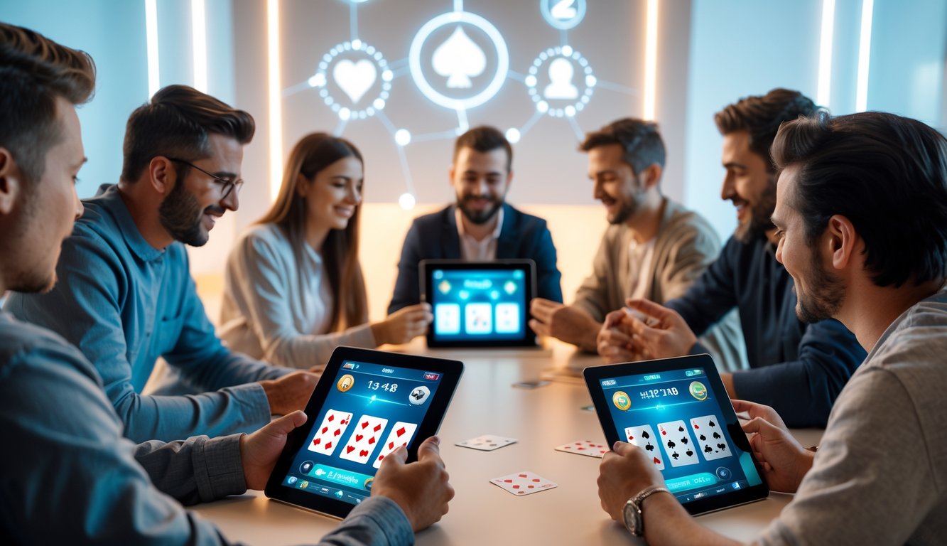 Beberapa orang sedang bermain kartu online menggunakan perangkat digital dalam ruangan yang nyaman dan terang.