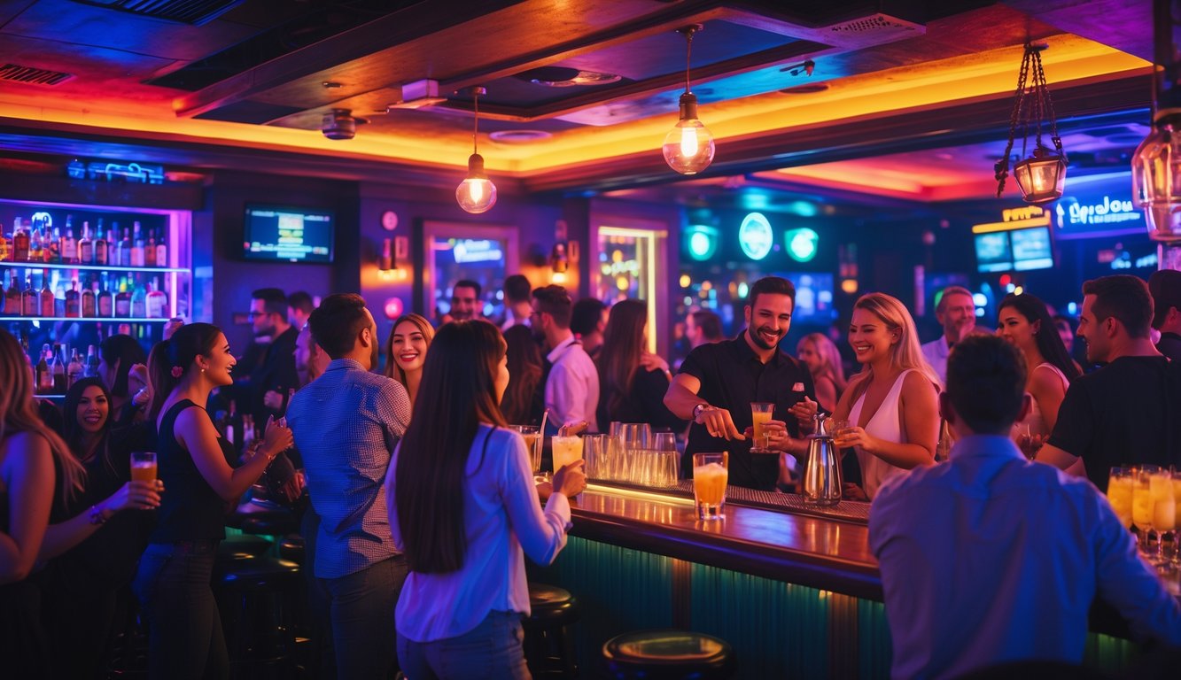 Suasana ramai di dalam pub dan klub malam populer dengan orang-orang yang bersosialisasi, minum, dan menari di bawah lampu warna-warni.
