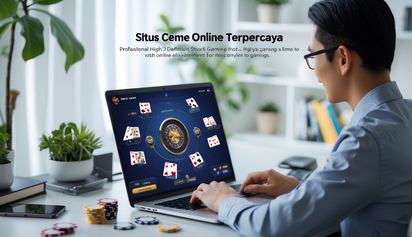 Seseorang menggunakan laptop di meja dengan kartu remi dan chip poker, bermain game kartu online di ruang kerja yang rapi dan terang.
