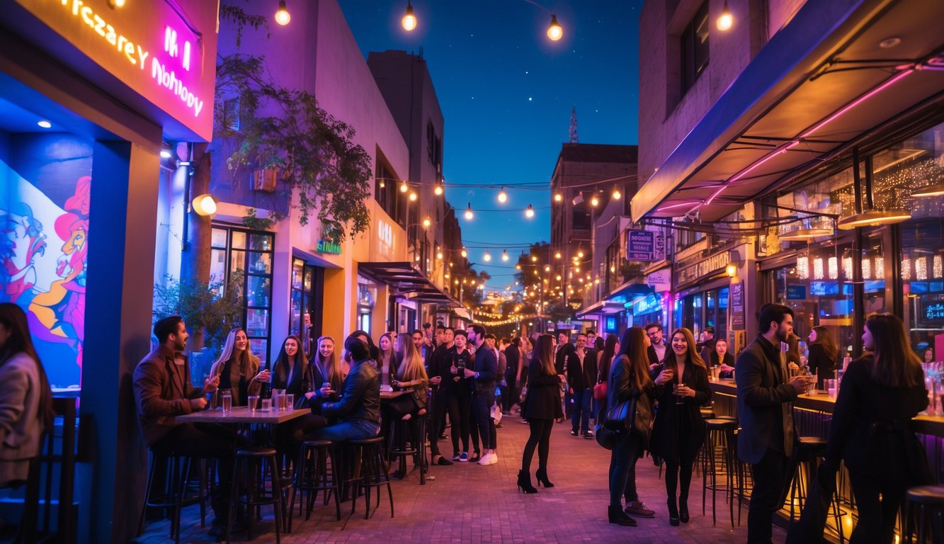Suasana malam di tempat hiburan dengan lampu warna-warni dan orang-orang sedang bersosialisasi dan menikmati waktu bersama.