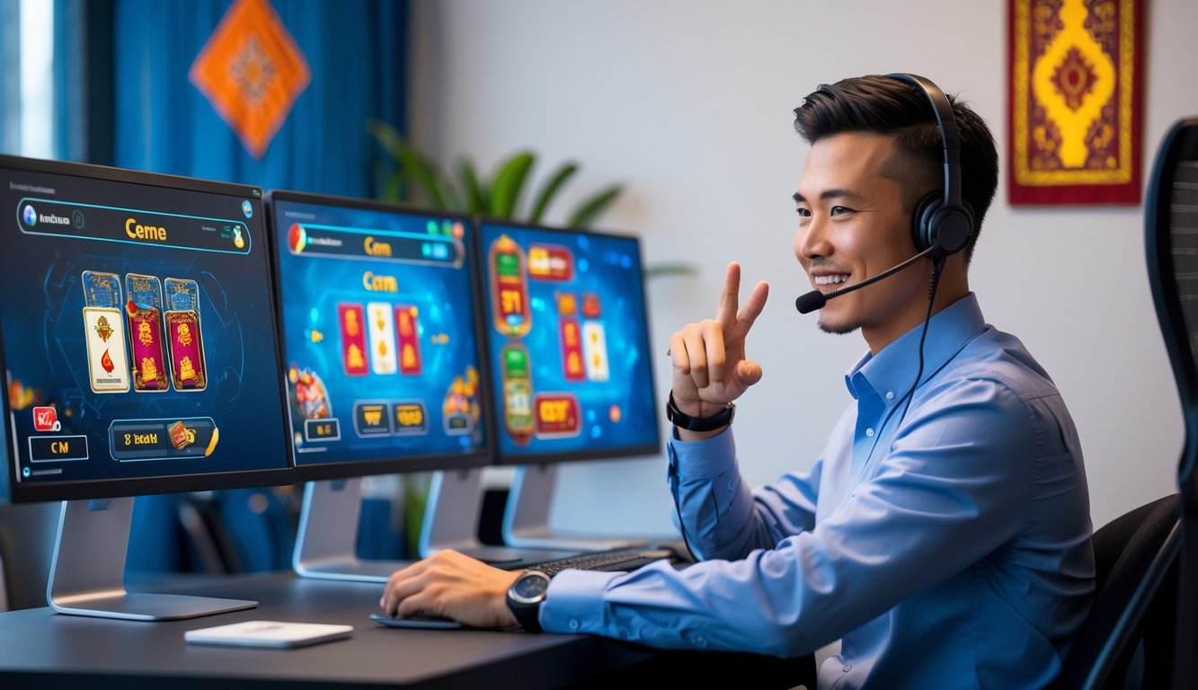 Seorang agen bermain kartu online duduk di depan komputer dengan beberapa layar, di ruang kantor modern yang terang.