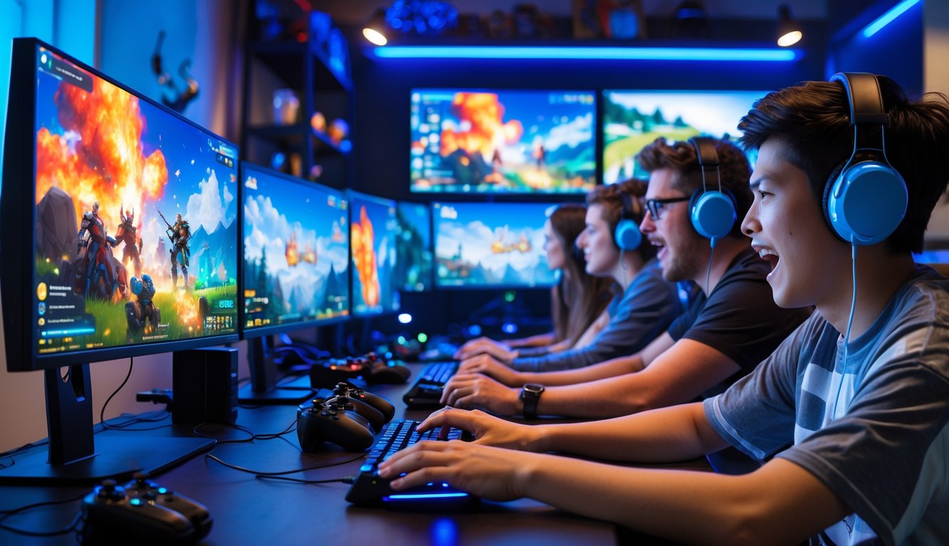 Beberapa orang muda sedang bermain game online di sebuah ruangan dengan komputer dan monitor yang menampilkan grafik permainan yang berwarna-warni.