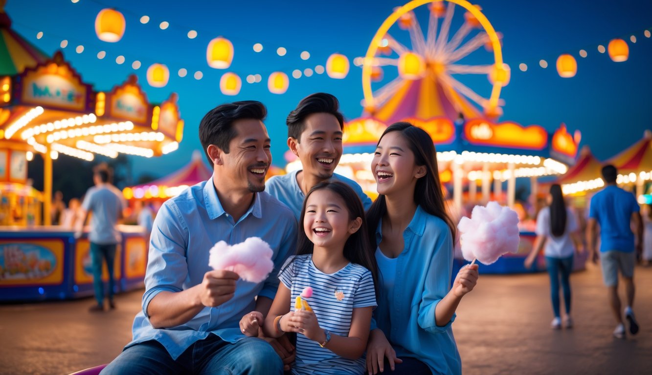 Keluarga sedang menikmati hiburan malam di taman hiburan dengan lampu warna-warni dan berbagai atraksi di latar belakang.
