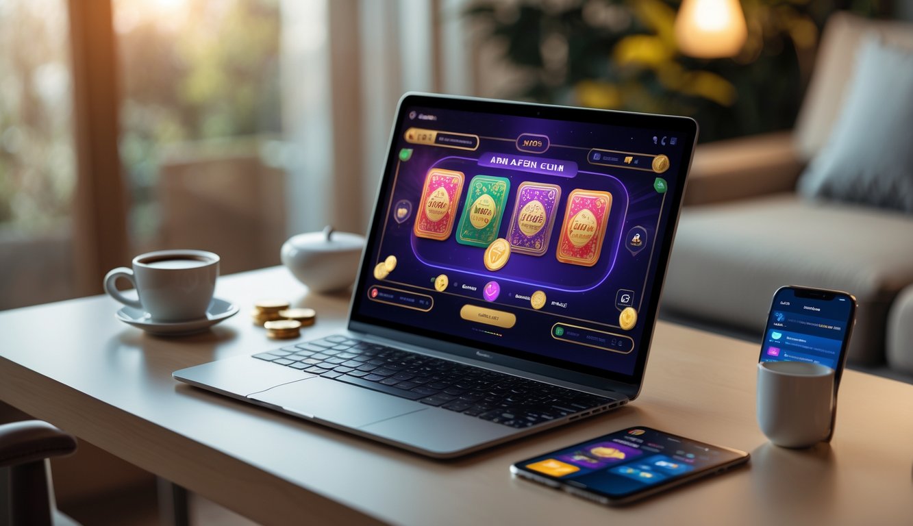 Sebuah laptop dengan permainan kartu Ceme digital yang sedang dimainkan di meja kayu dengan secangkir kopi dan ponsel di sekitarnya.