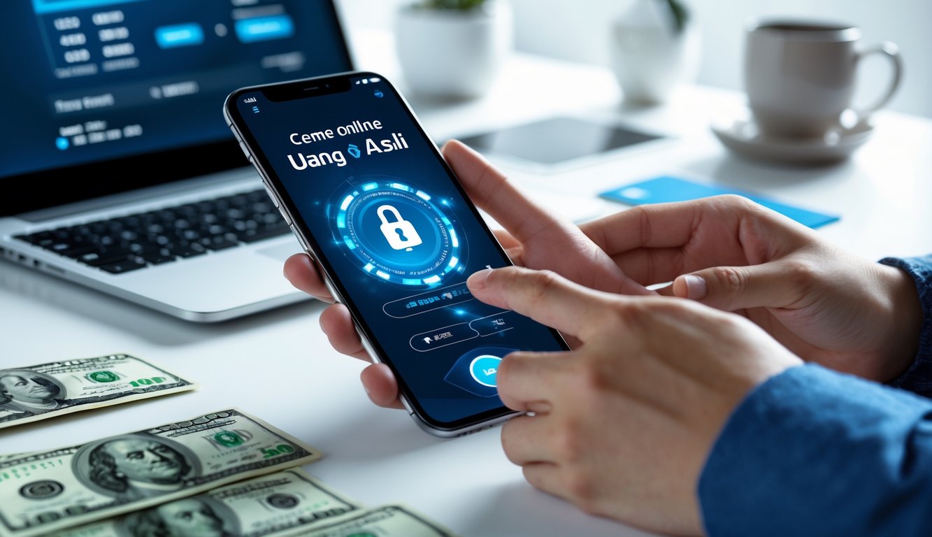 Seseorang menggunakan ponsel pintar untuk transaksi keuangan online dengan latar belakang meja kerja dan alat pembayaran.